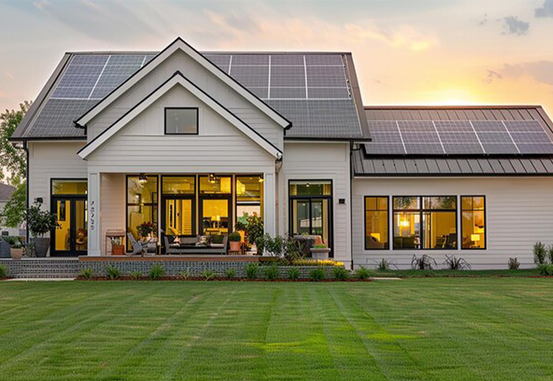 A house with a solar panel roof, showcasing solar installation for efficient energy savings and sustainable power